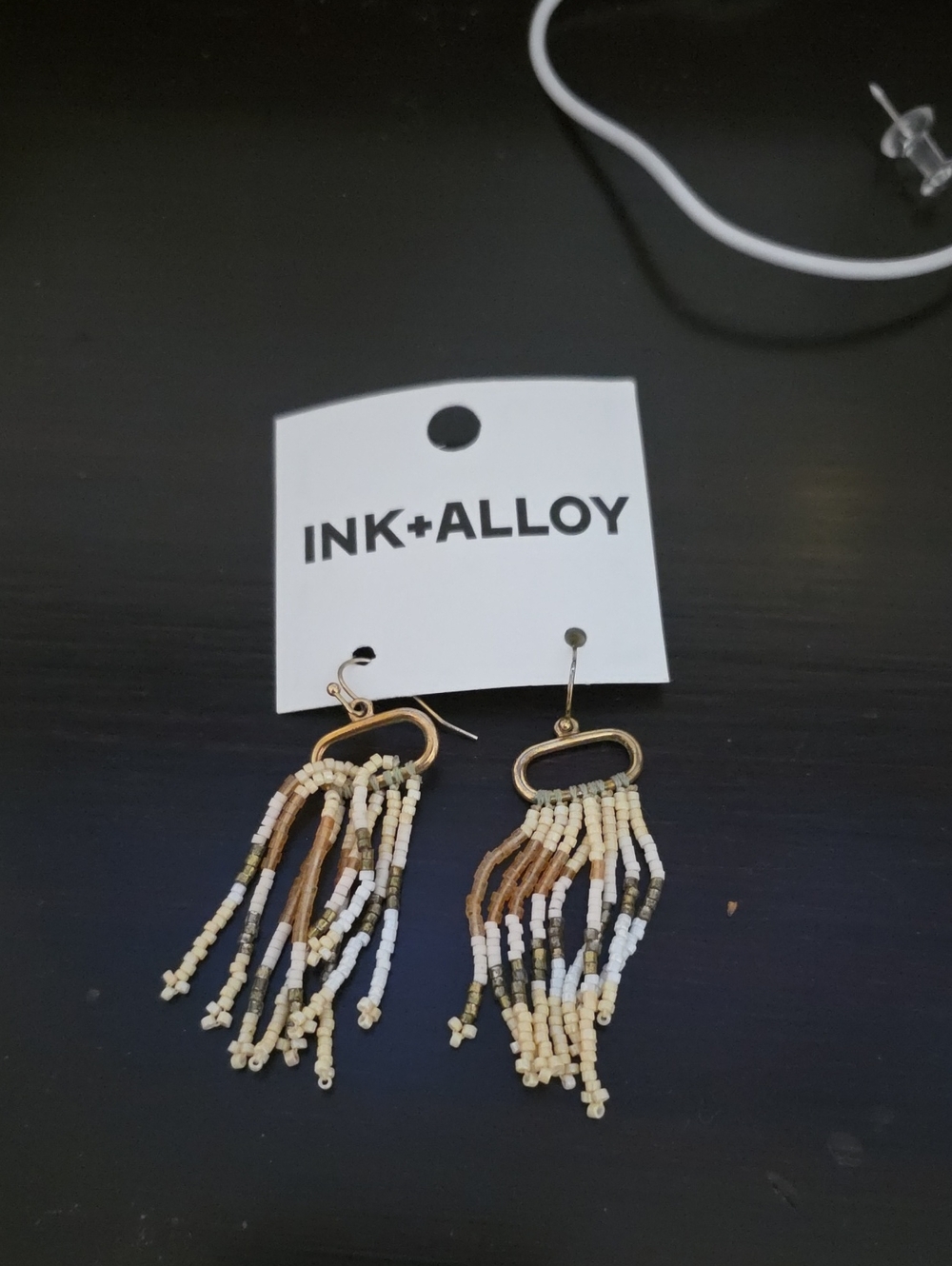 Ink+Alloy Gold and Cream Seed Bead Fringe Earrings
